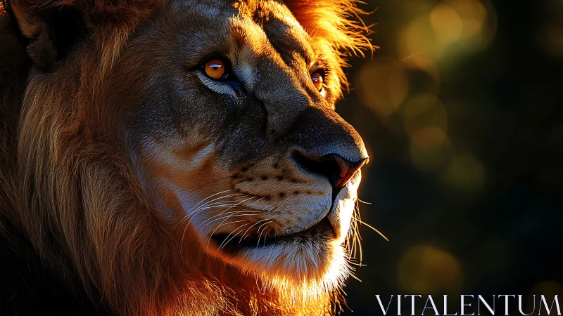 Sunlit lion studies the burning horizon with quiet resolve