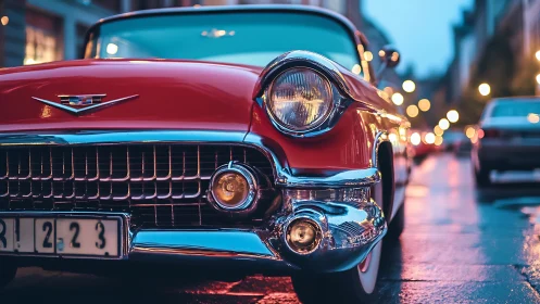 Photorealistic close-up of red classic Cadillac at dusk.