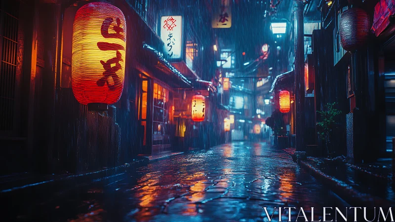 Rain-wet alleyway shows neon lantern specular reflections at night