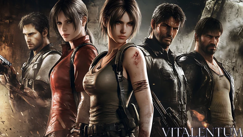 Battle-hardened squad stands united in storm-lit wasteland.