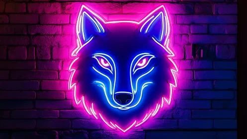 Neon wolf face glows boldly against a moody brick wall
