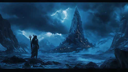 Stormy blue mountain landscape with lone warrior figure.