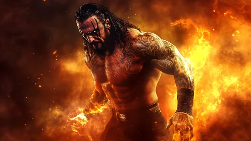 Tattooed muscular warrior surrounded by intense raging fire.