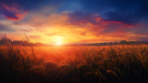 Golden wheat field glows warmly beneath a radiant sunset sky