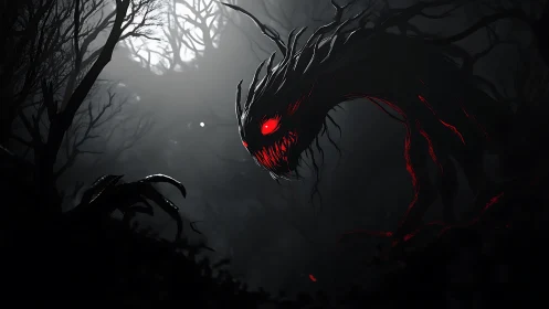 Moonlit forest nightmare with a red eyed shadow beast.