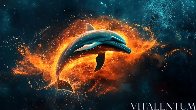 3D luminous dolphin silhouette against eruptive nebular fire halo.