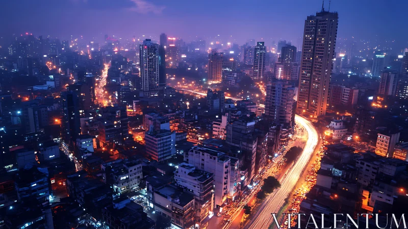 Dense nocturnal cityscape with long-exposure arterial traffic flow