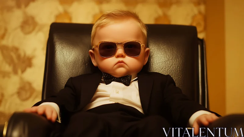 Tiny boss in a tux, ruling the room with cool confidence.