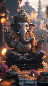 Gentle Ganesha statue glowing amid warm temple lights.