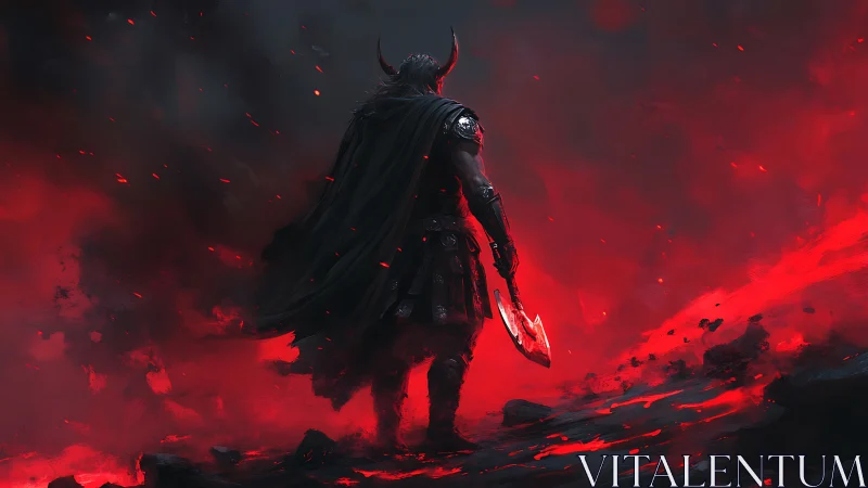 Horned warlord over bloodred battlefield stands alone.