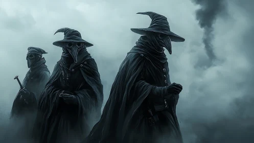 Three plague doctor figures stand in dense atmospheric fog