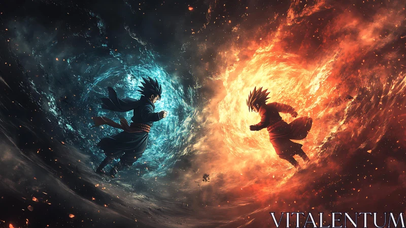 Opposing warriors collide within twin fire and ice vortexes