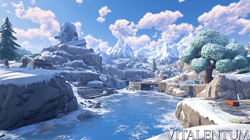 Snow-Dusted Mountain Valley with Frozen River.