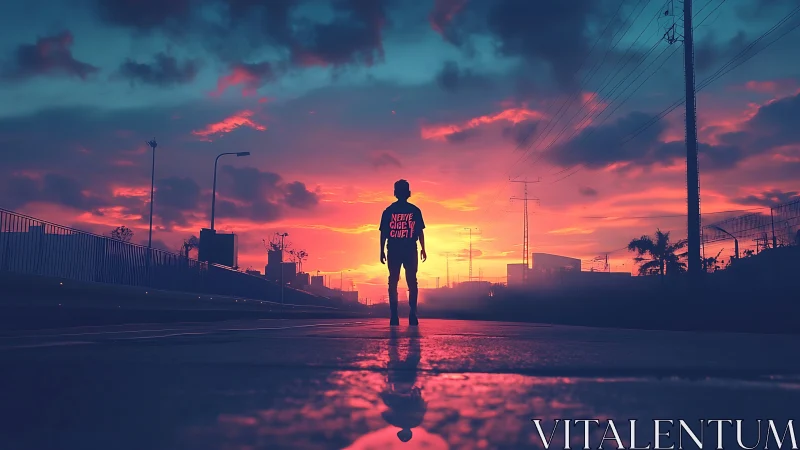 Lone silhouette walks a neon city street at electric sunset