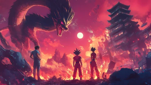 Dragon and three warriors face burning city under red sky