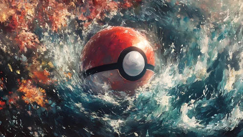 Poké Ball surge through abstract storm of sea and fire.