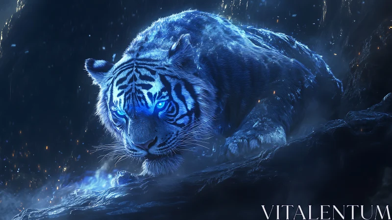 Blue spectral tiger stalking across a dark rocky ledge.