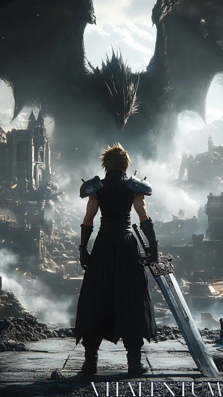 Lone swordsman confronting colossal dragon above ruins.