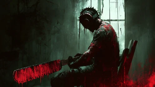 Brooding chainsaw warden in a blood-slicked twilight cell.
