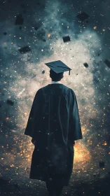 Graduate walks into a glowing storm of limitless futures