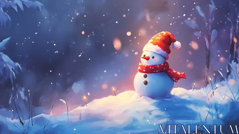 Digital painting of festive snowman in glowing winter landscape.