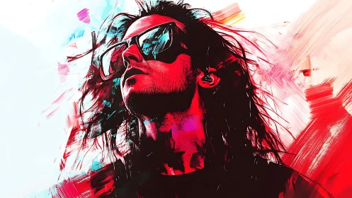 Bold digital portrait of long haired person in sunglasses.