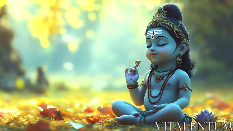Meditative blue child deity rendered as stylized 3D portrait