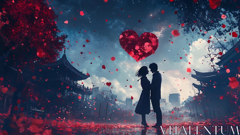 Silhouetted figures positioned beneath large red heart form suspended in atmospheric space.