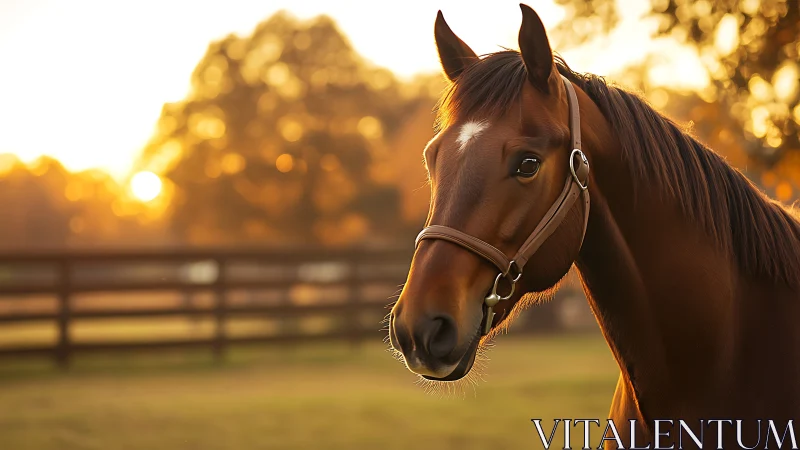 Chestnut horse in pasture at sunset with soft background blur.
