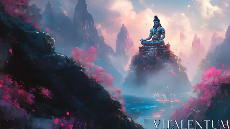 Serene mountain deity watching over a dreamy pink valley.