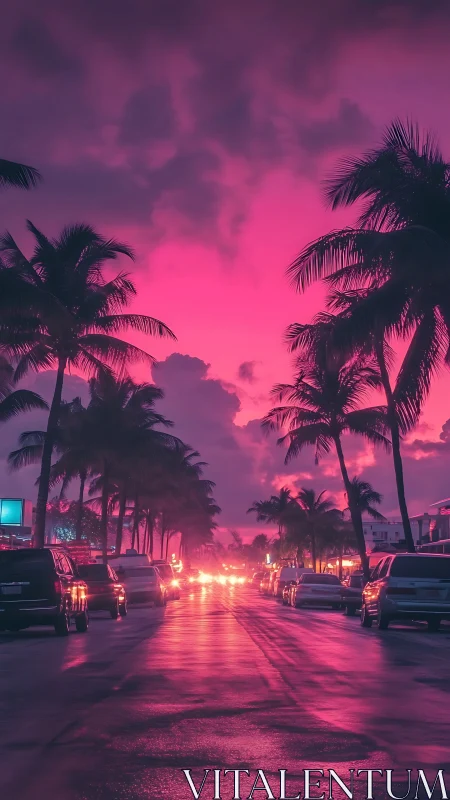 Neon sunset boulevard glows beneath dramatic palm silhouettes
