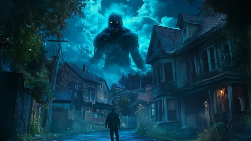 Colossal storm demon looming above abandoned suburban street.