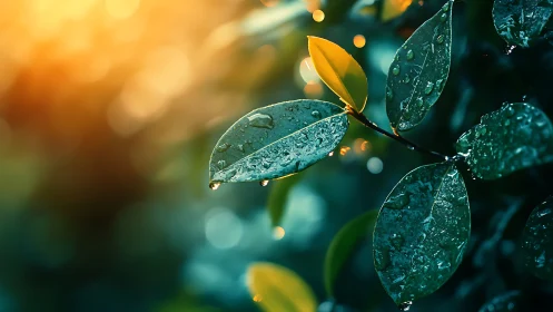 Sunlit raindrops resting gently on fresh garden leaves.