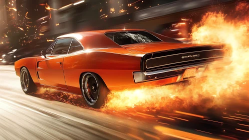 Inferno-orange muscle car shredding streets in wildfire speed.