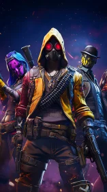 Masked armed characters stand in neon lit sci fi scene