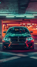 Neon-lit BMW sports sedan glows confidently in urban night