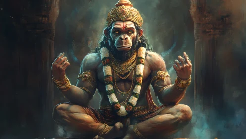 Divine monkey warrior in seated meditative pose artwork.