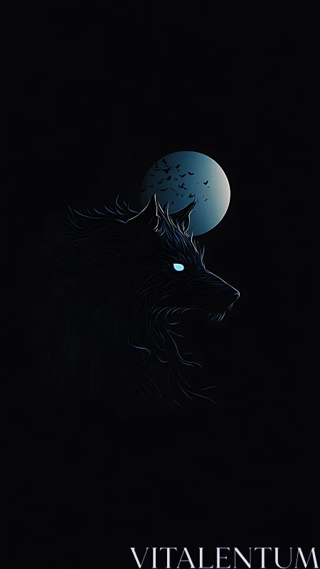 Moonlit shadow wolf with neon eyes and circling dusk birds.