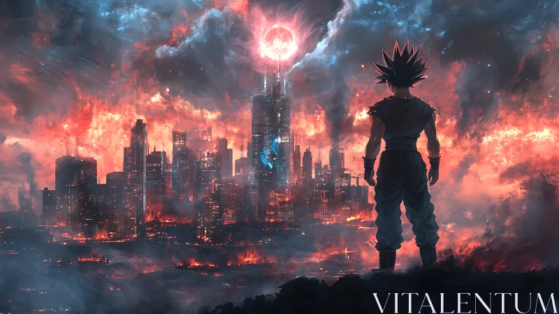 Digital painting of lone anime warrior over burning megacity.
