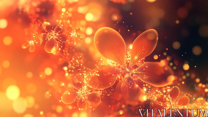 Orange fractal floral forms with glowing particle clusters.