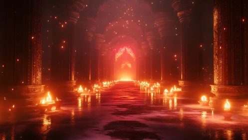 Fiery temple corridor glows with endless ceremonial lights.