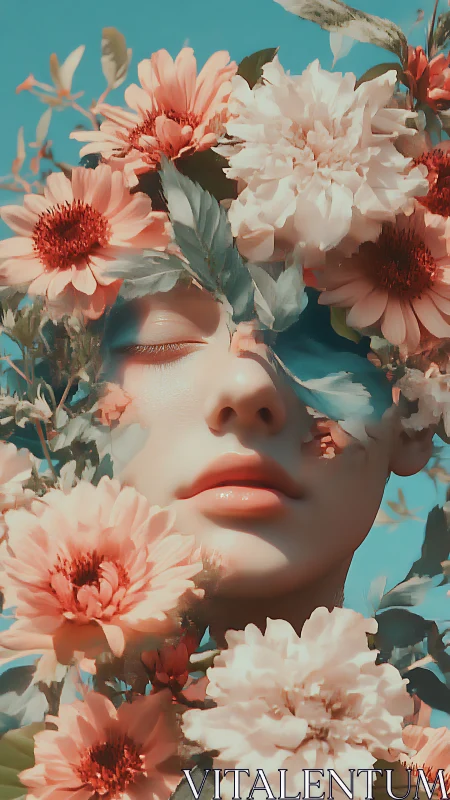 Soft-lit floral portrait merges stylized skin rendering and bokeh depth