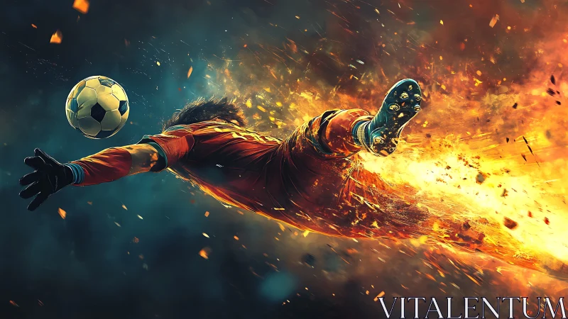 Blazing striker rockets through sparks to meet the soaring ball