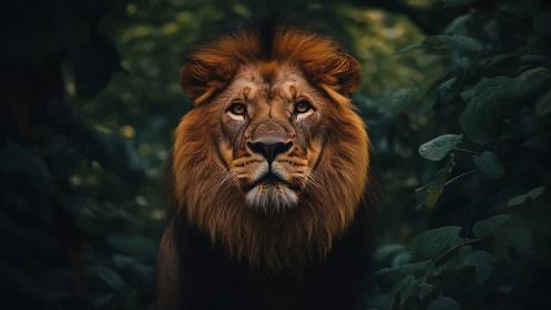 Male lion standing in dense green foliage at dusk.