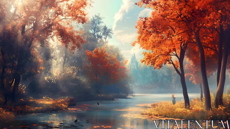Golden autumn river drifts gently toward a distant castle