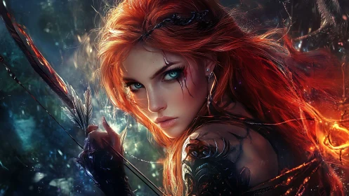 Flame-haired arcane archer with bioluminescent battle armor.