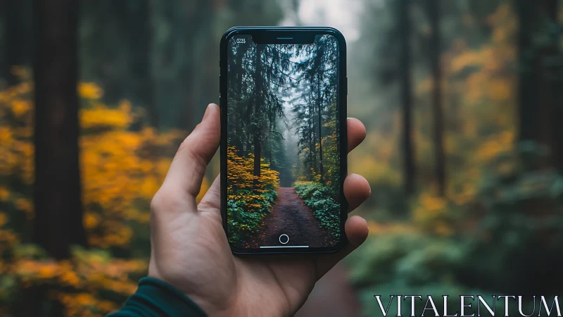 Smartphone capturing dense forest pathway with autumn foliage.