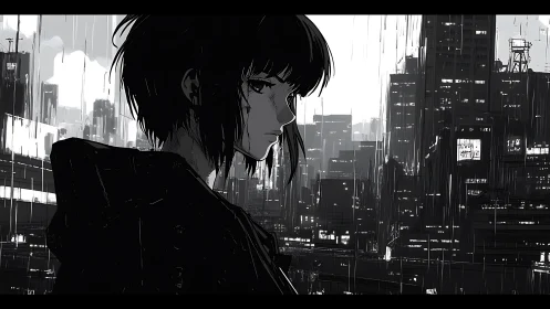 Monochrome cyberpunk profile in rain drenched megacity