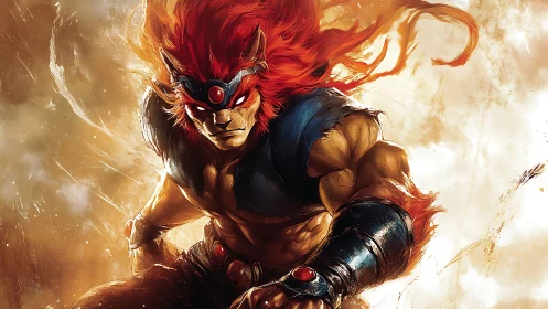 Fiery warrior lunges forward through blazing light storm.