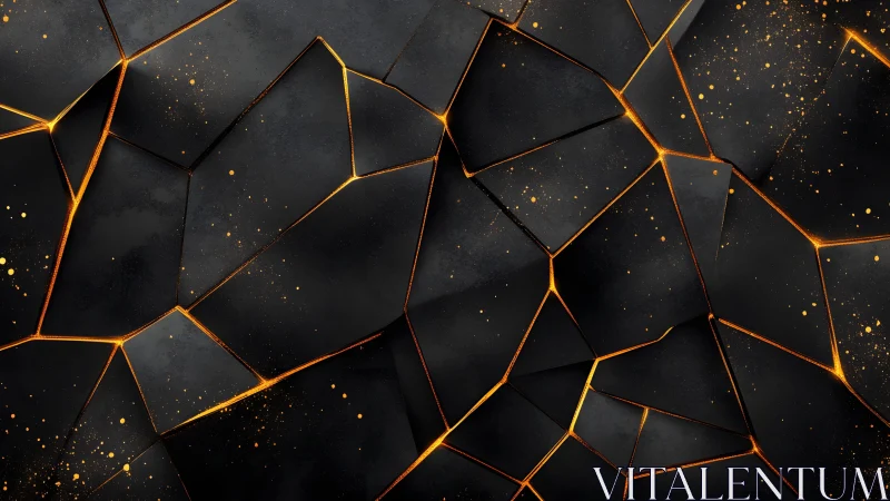 Abstract black cracked surface with glowing gold lines, modern art.